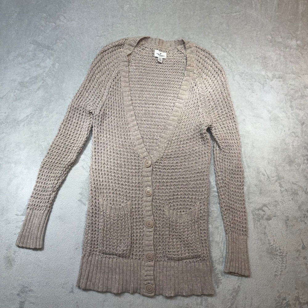 Taupe Open Knit Longline Button Front Cotton Cardigan Sweater Medium minimalist‎